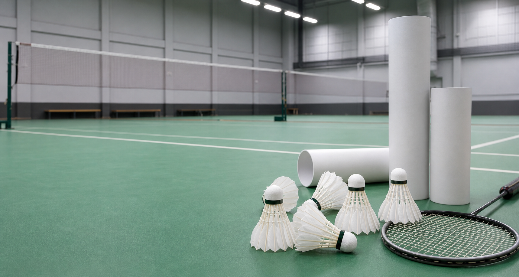 Feather training shuttlecocks on an indoor badminton court